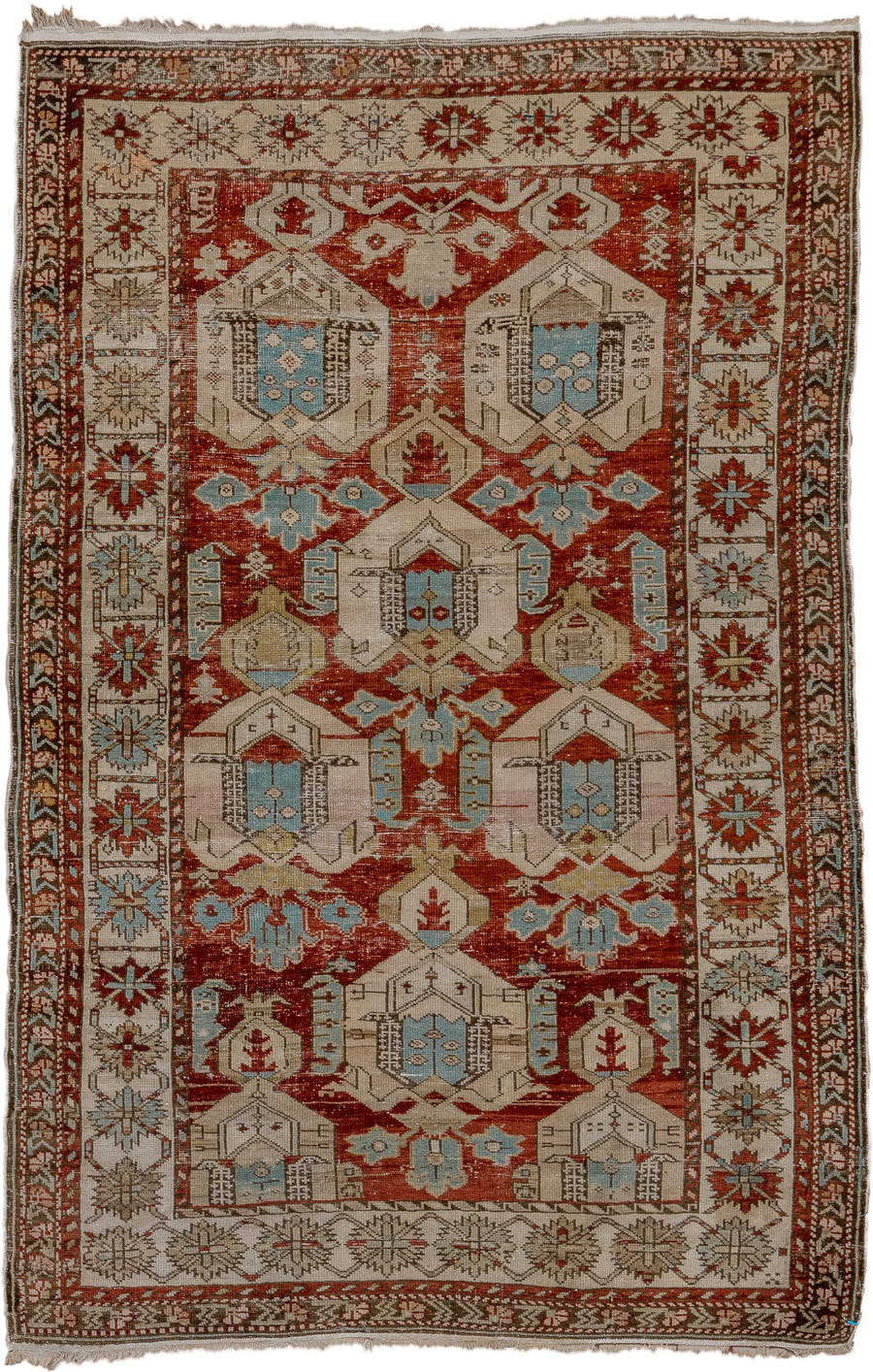 3' x 5' one-of-a-kind handmade antique Shirvan small size rug. Color palette: rust, ivory, sky blue, brown, taupe, camel