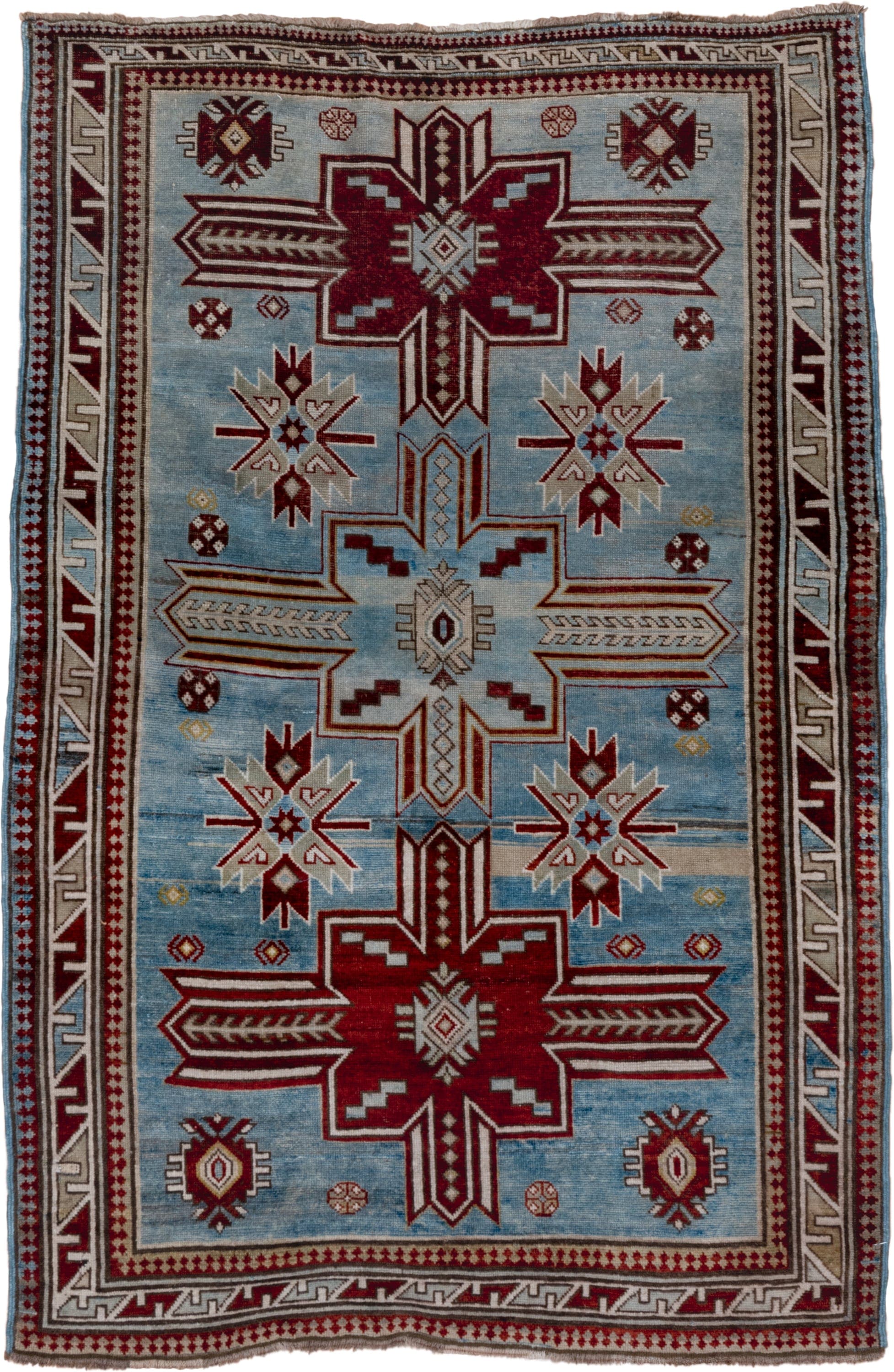 3' x 5' one-of-a-kind handmade antique Shirvan small size rug. Color palette: sky blue, ivory, crimson, burgundy, camel