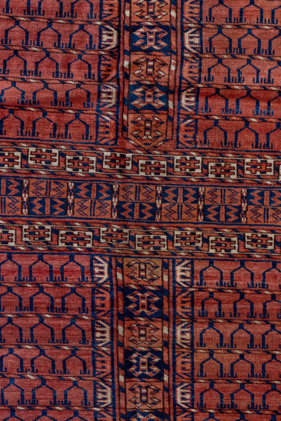 4' x 4' one-of-a-kind handmade antique Torkaman small size rug. Color palette: rust, burgundy, ivory, camel, charcoal