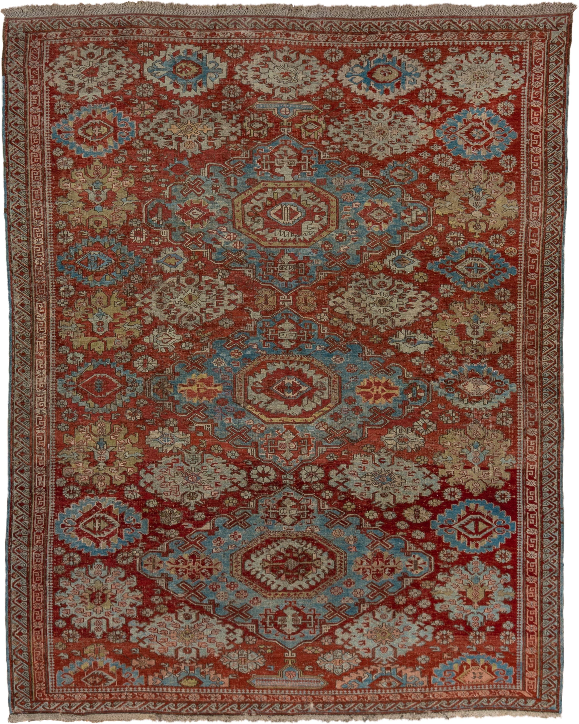 7' x 9' one-of-a-kind handmade antique Sumak rug. Color palette: rust, sky blue, ivory, beige, gold, brick, taupe