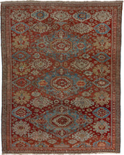 7' x 9' one-of-a-kind handmade antique Sumak rug. Color palette: rust, sky blue, ivory, beige, gold, brick, taupe