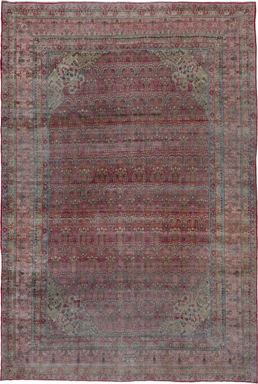 10' x 15' one-of-a-kind handmade antique Lavar rug. Color palette: rose, crimson, ivory, pale blue, sage, taupe, burgundy