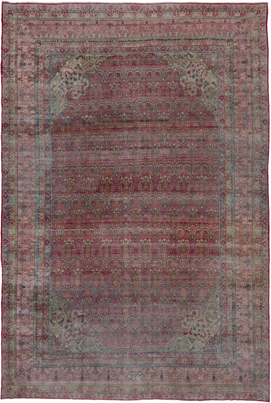 10' x 15' one-of-a-kind handmade antique Lavar rug. Color palette: rose, crimson, ivory, pale blue, sage, taupe, burgundy