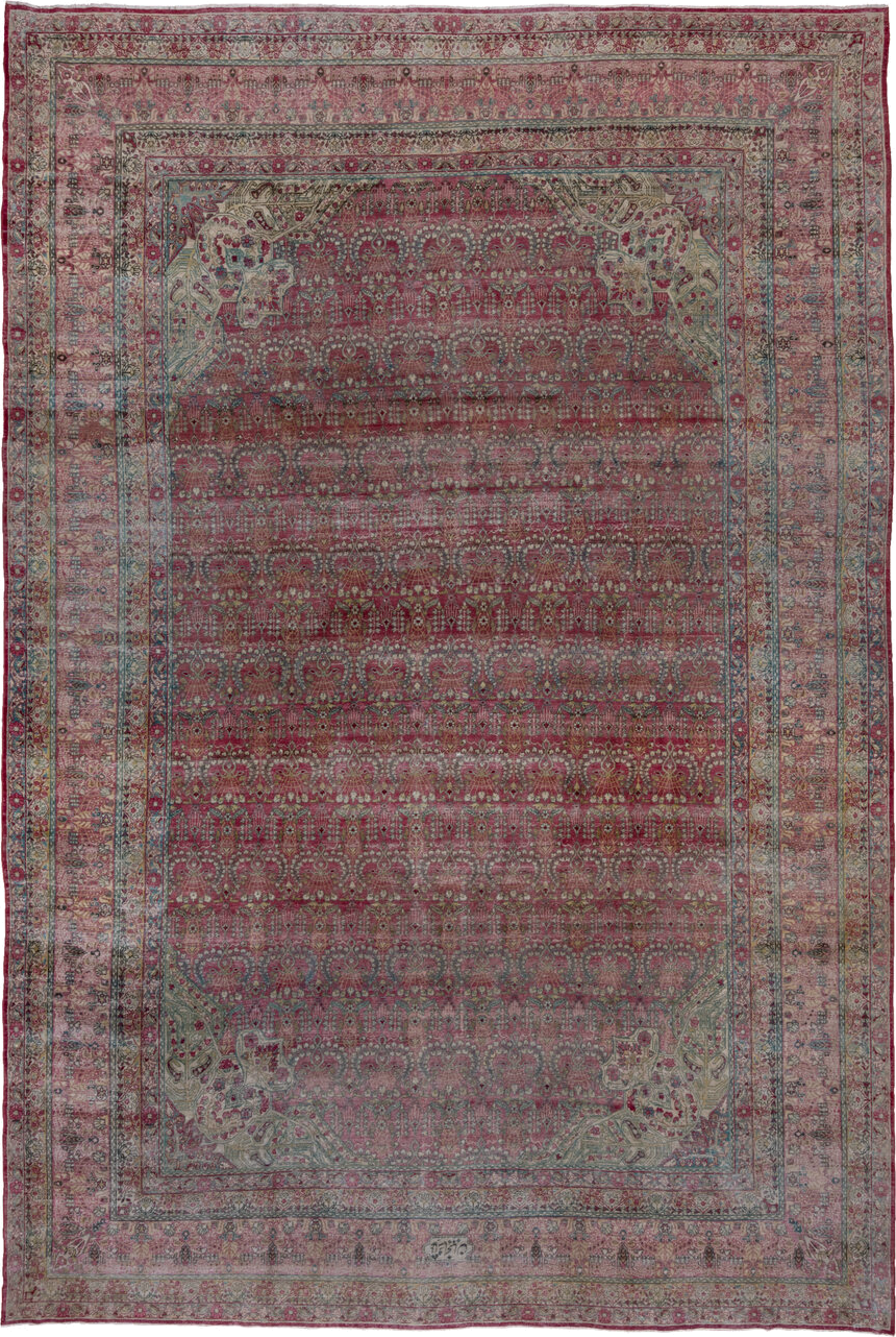 10' x 15' one-of-a-kind handmade antique Lavar rug. Color palette: rose, crimson, ivory, pale blue, sage, taupe, burgundy