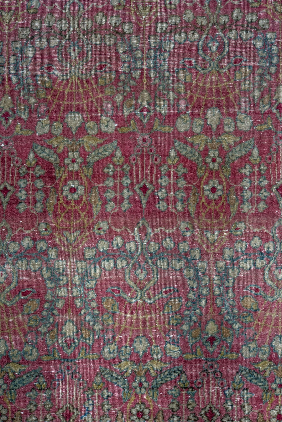 10' x 15' one-of-a-kind handmade antique Lavar rug. Color palette: rose, crimson, ivory, pale blue, sage, taupe, burgundy