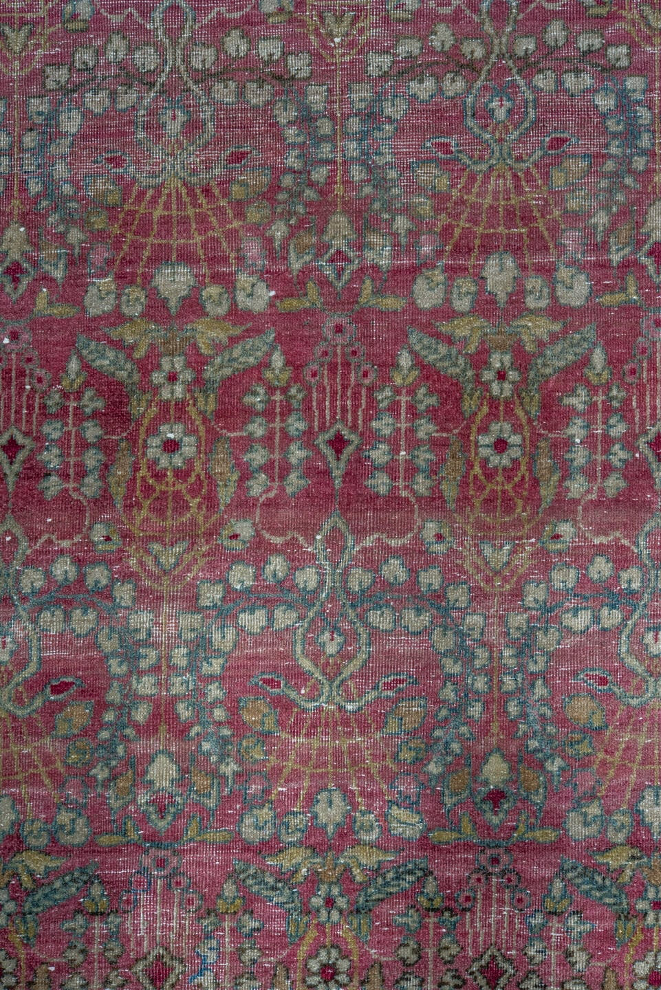 10' x 15' one-of-a-kind handmade antique Lavar rug. Color palette: rose, crimson, ivory, pale blue, sage, taupe, burgundy