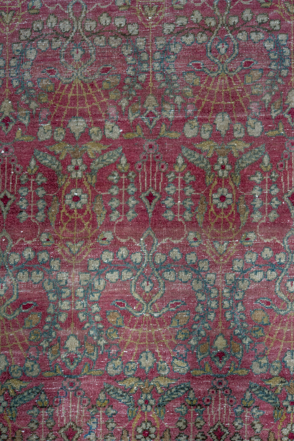 10' x 15' one-of-a-kind handmade antique Lavar rug. Color palette: rose, crimson, ivory, pale blue, sage, taupe, burgundy