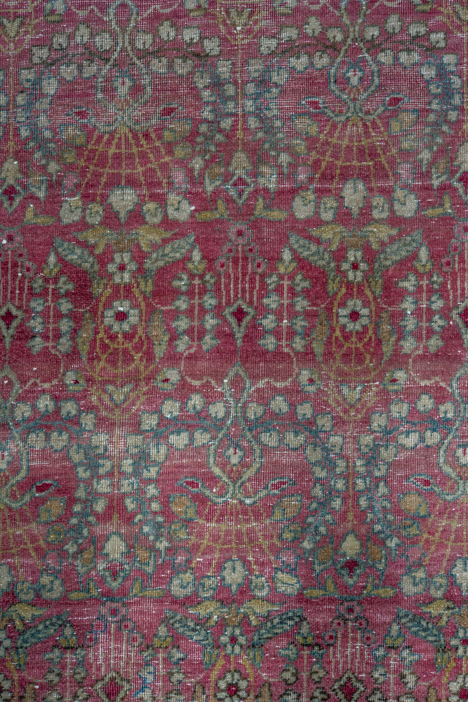 10' x 15' one-of-a-kind handmade antique Lavar rug. Color palette: rose, crimson, ivory, pale blue, sage, taupe, burgundy