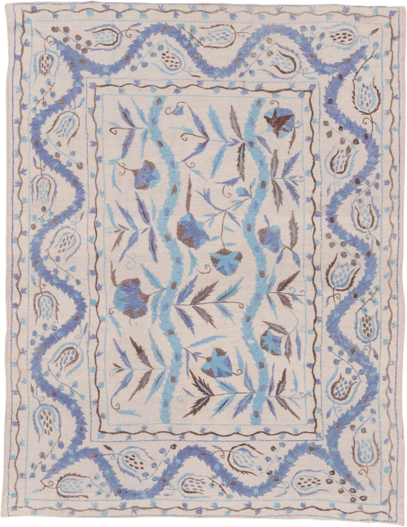4' x 5' one-of-a-kind handmade vintage Kilim small size rug. Color palette: ivory, sky blue, lavender, taupe, brown