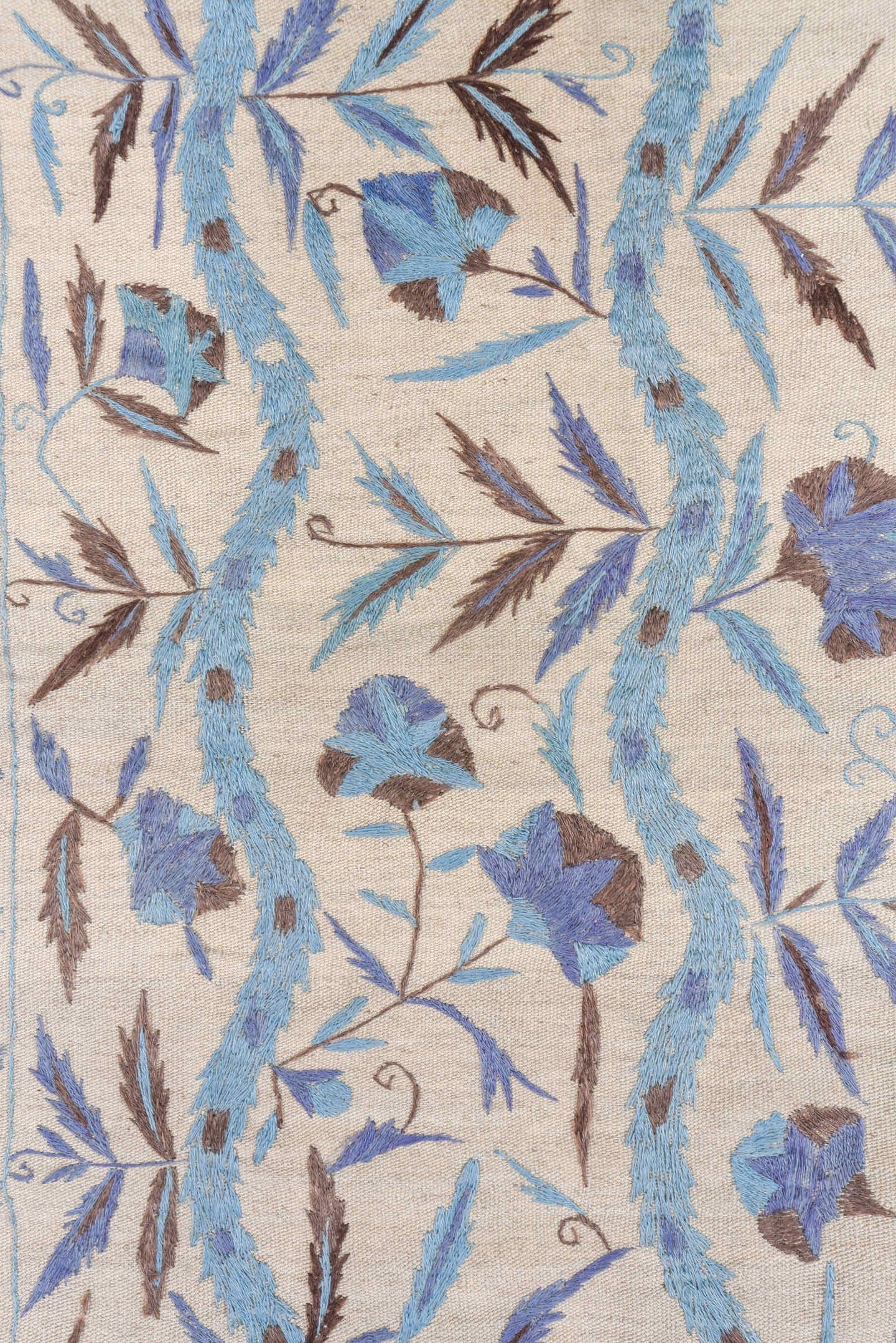 4' x 5' one-of-a-kind handmade vintage Kilim small size rug. Color palette: ivory, sky blue, lavender, taupe, brown