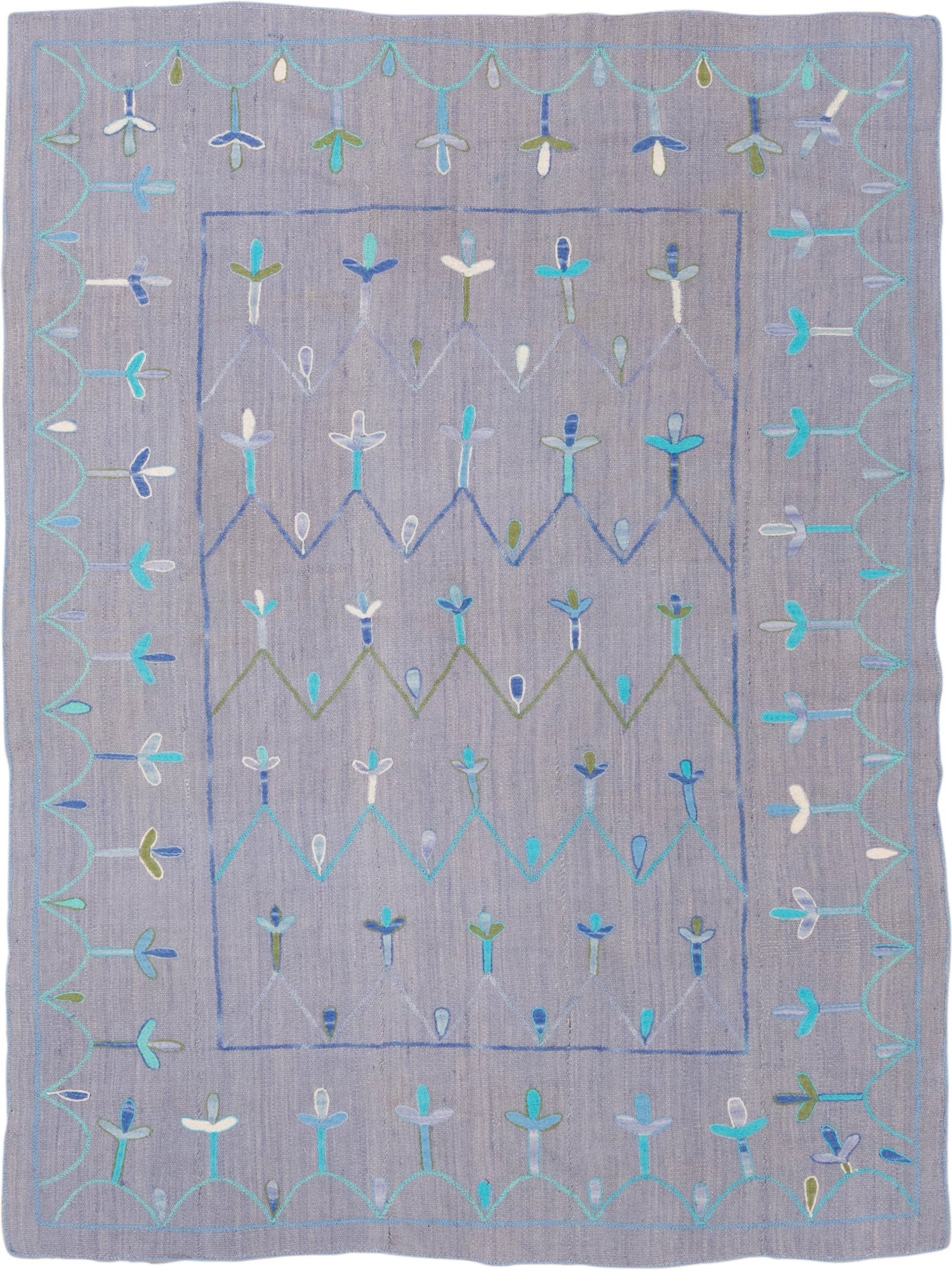 5' x 7' one-of-a-kind handmade vintage Kilim rug. Color palette: lavender, turquoise, sky_blue, ivory, olive, slate