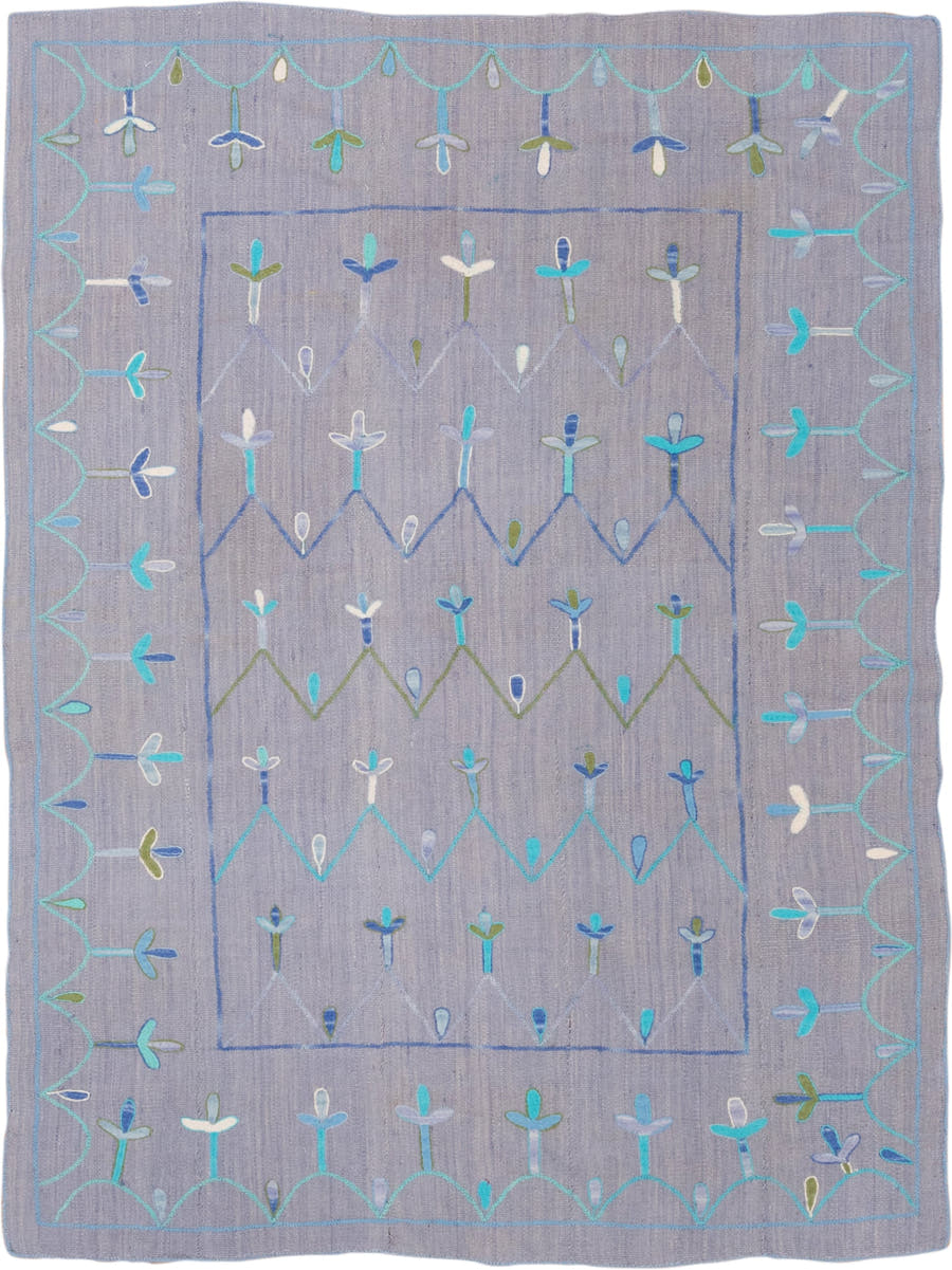 5' x 7' one-of-a-kind handmade vintage Kilim rug. Color palette: lavender, turquoise, sky_blue, ivory, olive, slate