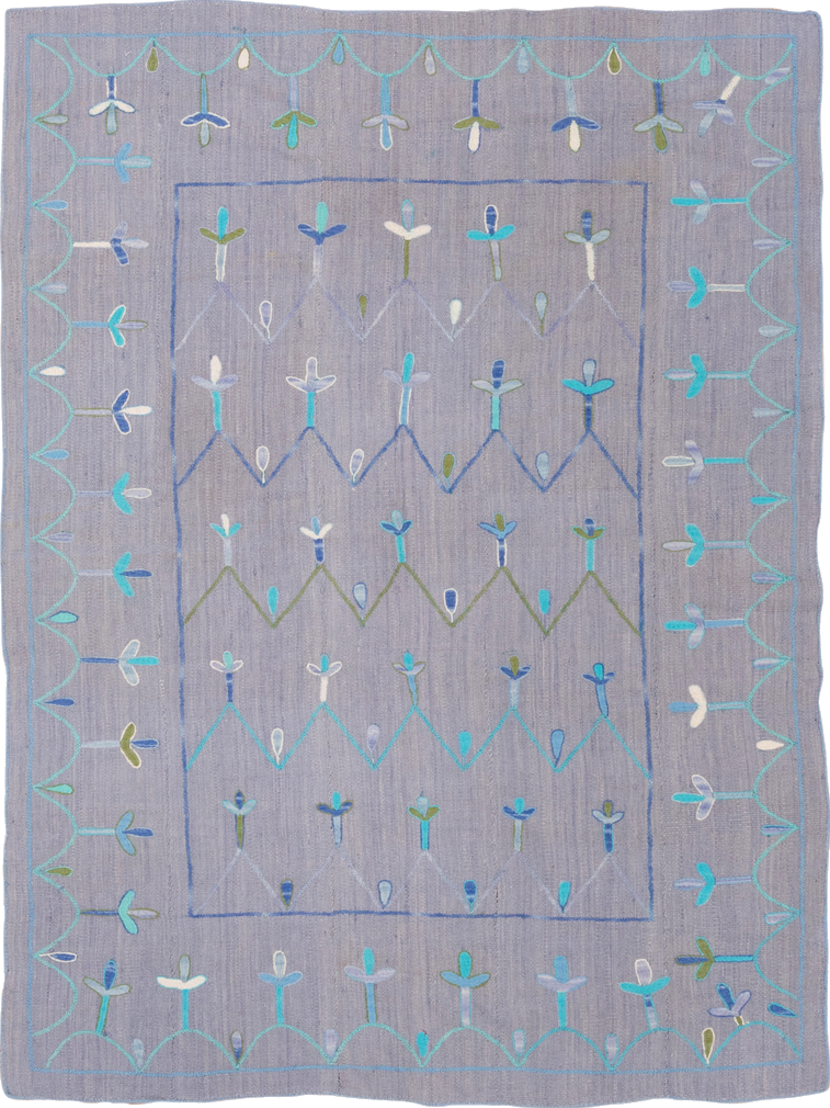 5' x 7' one-of-a-kind handmade vintage Kilim rug. Color palette: blue, dark gray, gainsboro, gray, light blue, light gray
