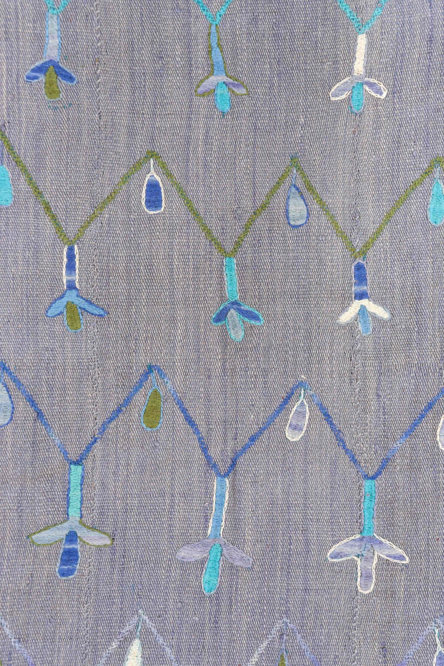 5' x 7' one-of-a-kind handmade vintage Kilim rug. Color palette: lavender, turquoise, sky_blue, ivory, olive, slate