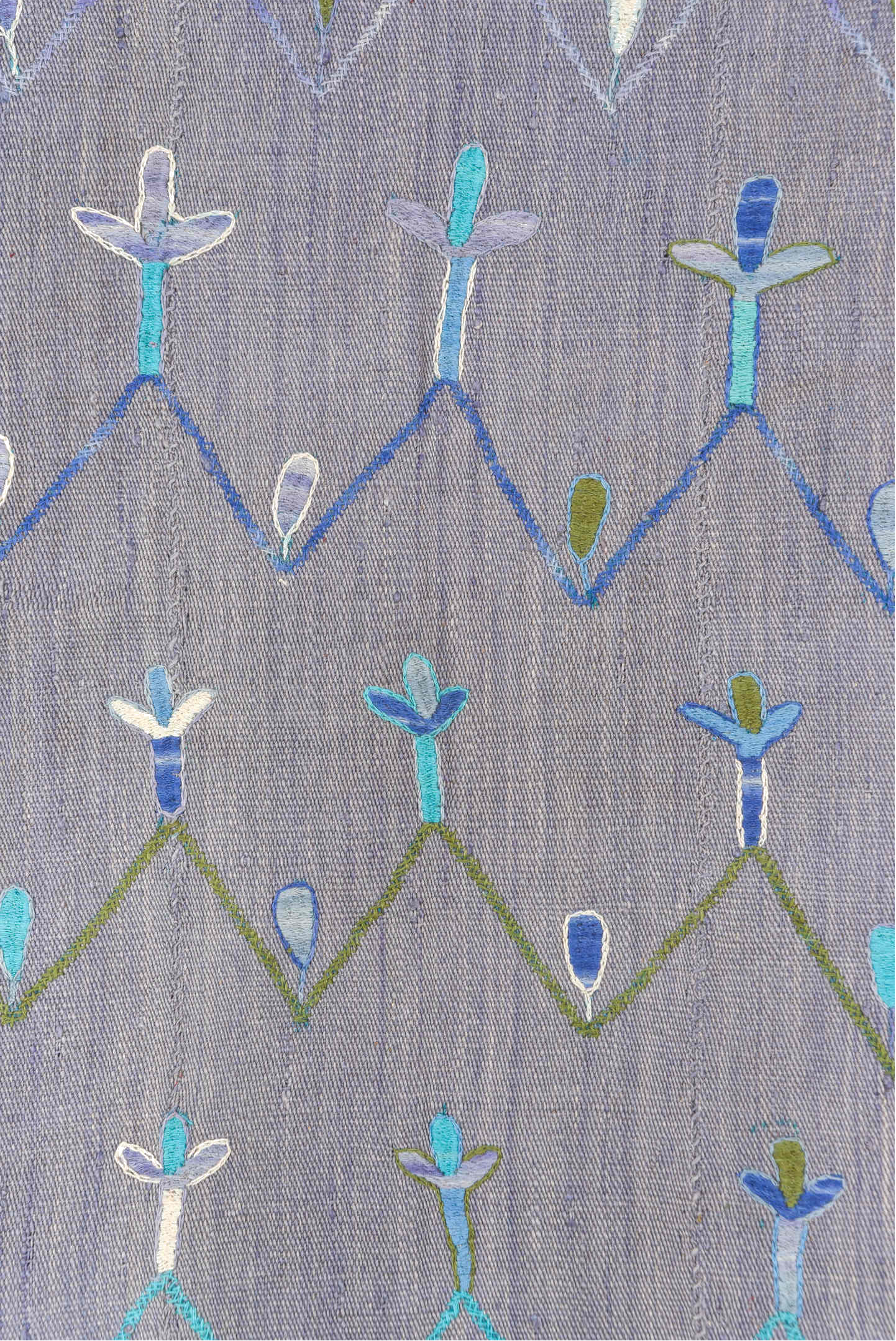 5' x 7' one-of-a-kind handmade vintage Kilim rug. Color palette: blue, dark gray, gainsboro, gray, light blue, light gray