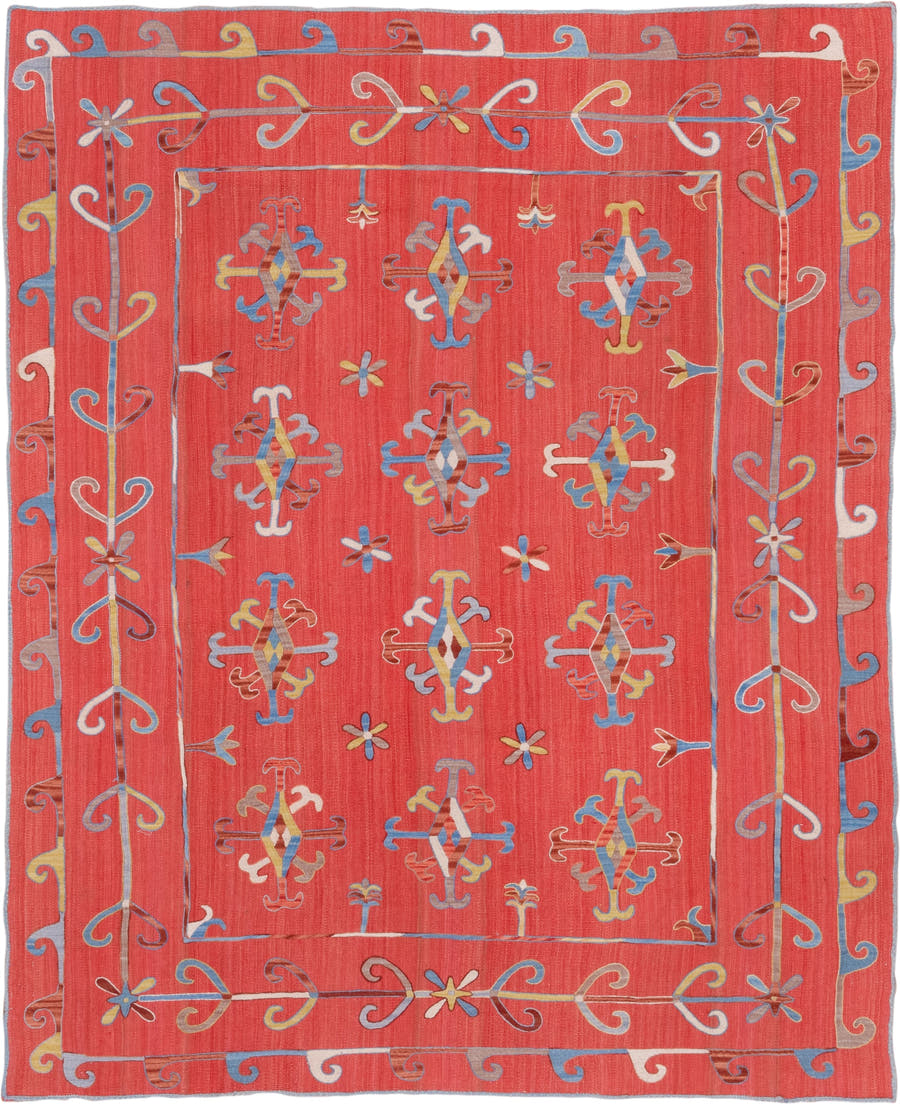 7' x 8' one-of-a-kind handmade vintage Kilim rug. Color palette: coral, sky blue, ivory, gold, rose, taupe, terracotta