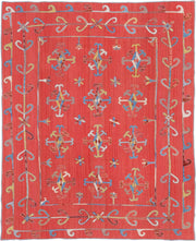 7' x 8' one-of-a-kind handmade vintage Kilim rug. Color palette: coral, sky blue, ivory, gold, rose, taupe, terracotta