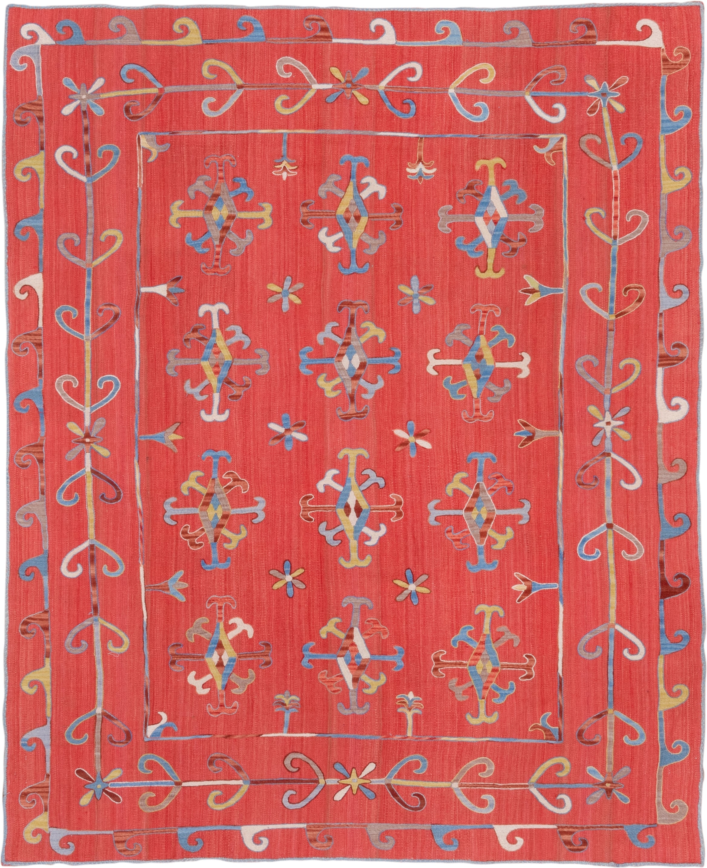 7' x 8' one-of-a-kind handmade vintage Kilim rug. Color palette: coral, sky blue, ivory, gold, rose, taupe, terracotta