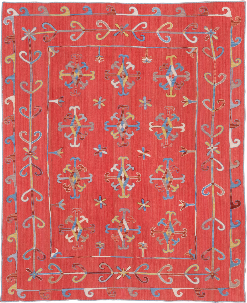 7' x 8' one-of-a-kind handmade vintage Kilim rug. Color palette: coral, sky blue, ivory, gold, rose, taupe, terracotta