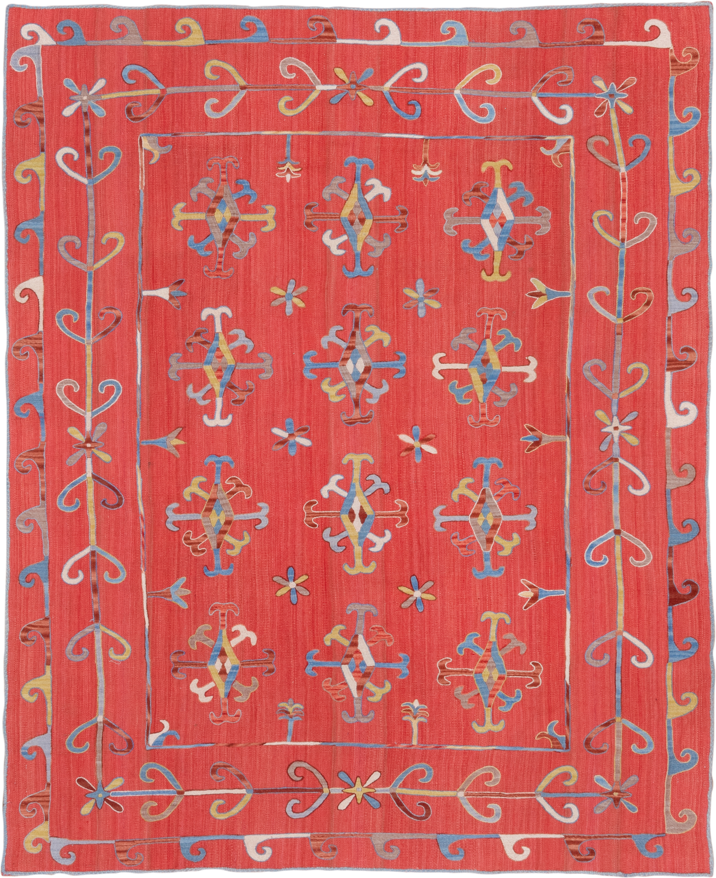 7' x 8' one-of-a-kind handmade vintage Kilim rug. Color palette: coral, sky blue, ivory, gold, rose, taupe, terracotta