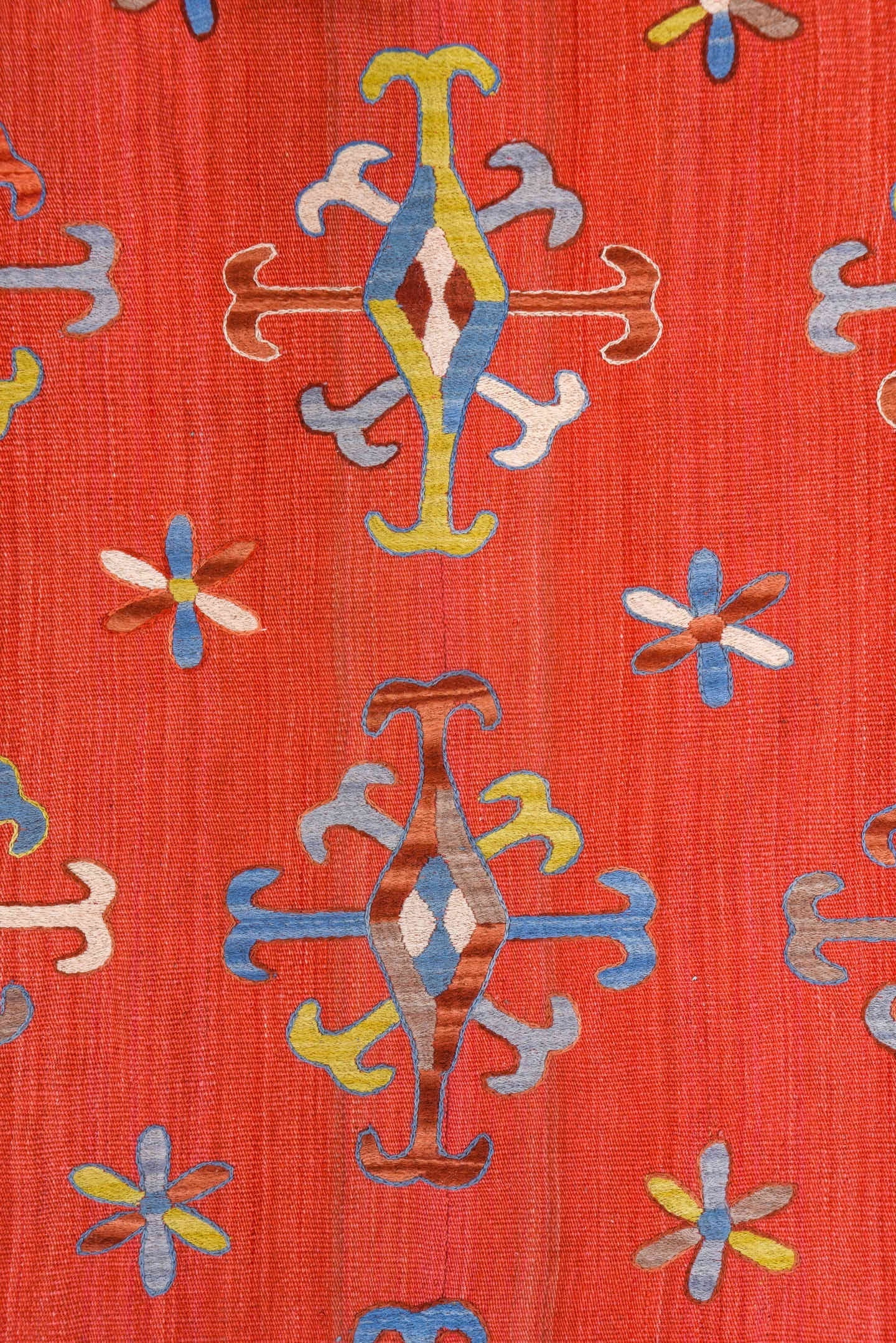 7' x 8' one-of-a-kind handmade vintage Kilim rug. Color palette: coral, sky blue, ivory, gold, rose, taupe, terracotta
