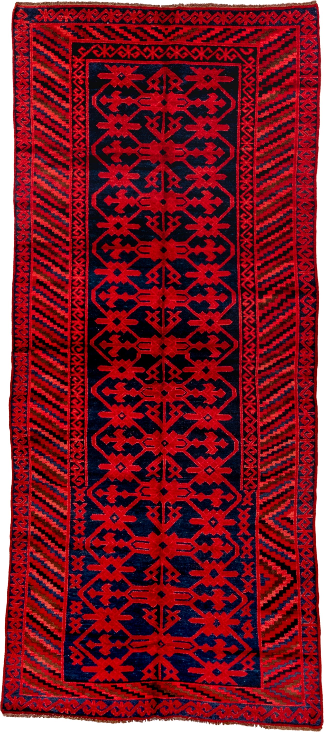 4' x 10' one-of-a-kind handmade antique Khotan runner rug. Color palette: crimson, navy, burgundy, indigo, red, blue, purple