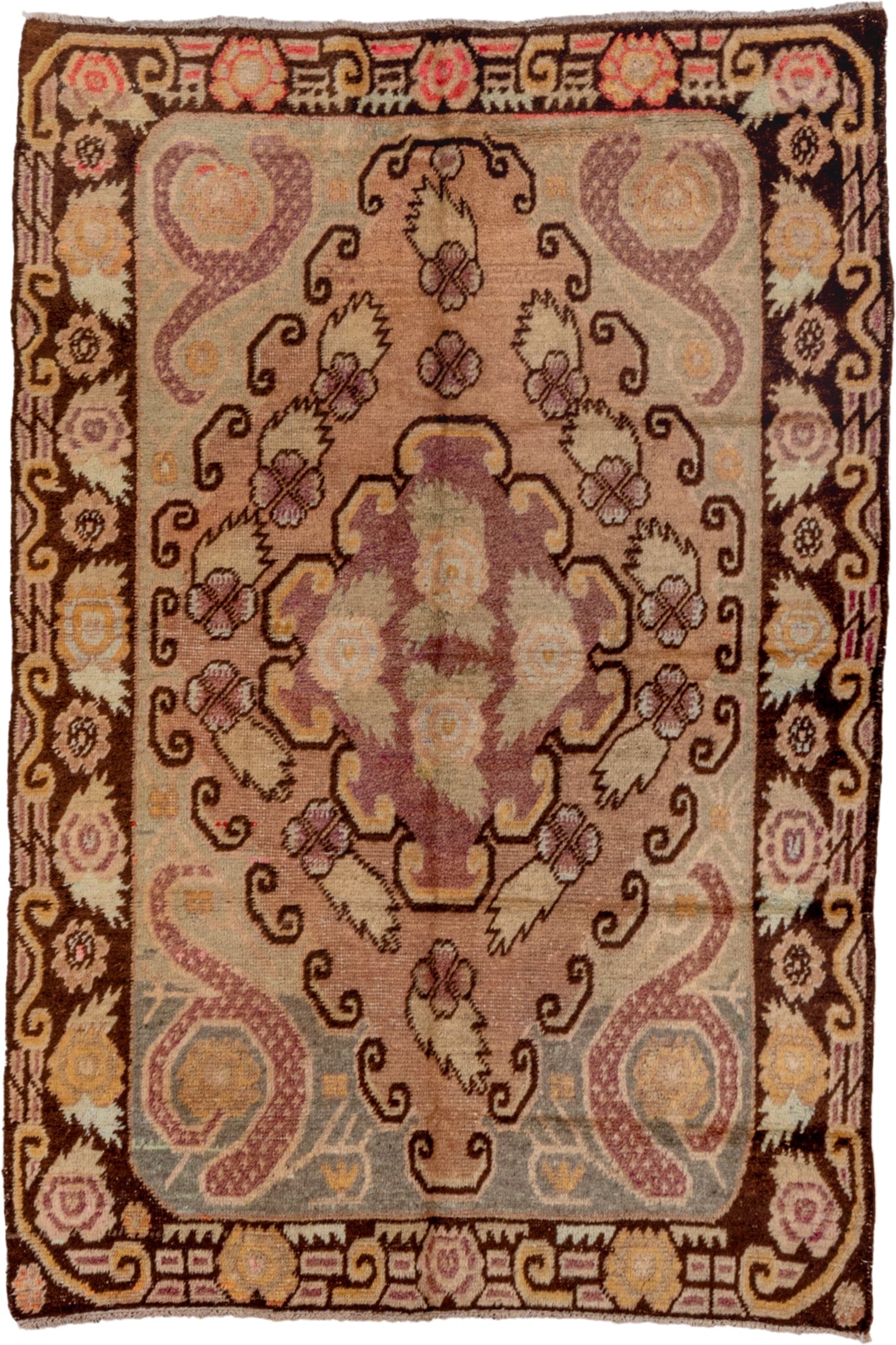 4' x 6' one-of-a-kind handmade antique Khotan small size rug. Color palette: camel, brown, ivory, rose, pale blue, gold