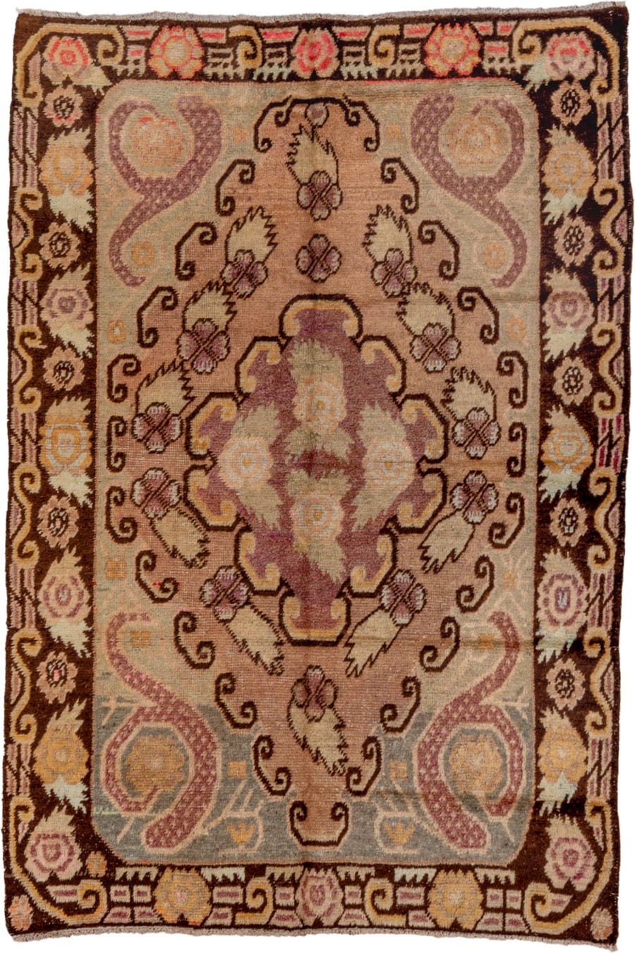 4' x 6' one-of-a-kind handmade antique Khotan small size rug. Color palette: camel, brown, ivory, rose, pale blue, gold