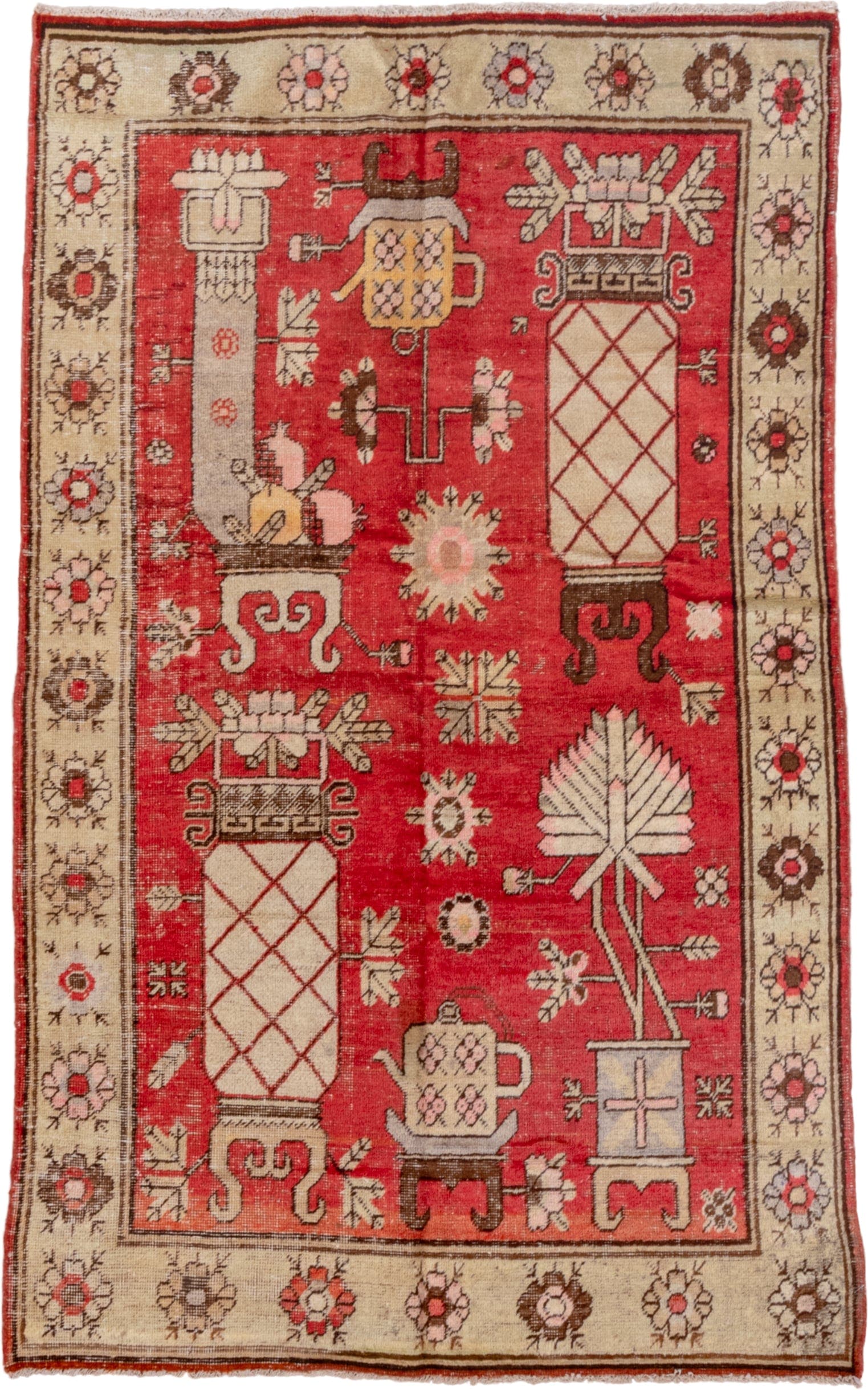 4' x 7' one-of-a-kind handmade antique Khotan rug. Color palette: coral, ivory, brown, rose, rust, taupe, terracotta, pink