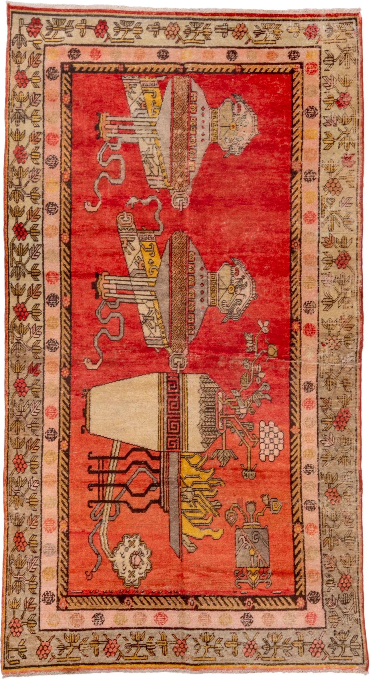 4' x 8' one-of-a-kind handmade antique Khotan rug. Color palette: red, ivory, camel, charcoal, coral, gold, taupe, rose