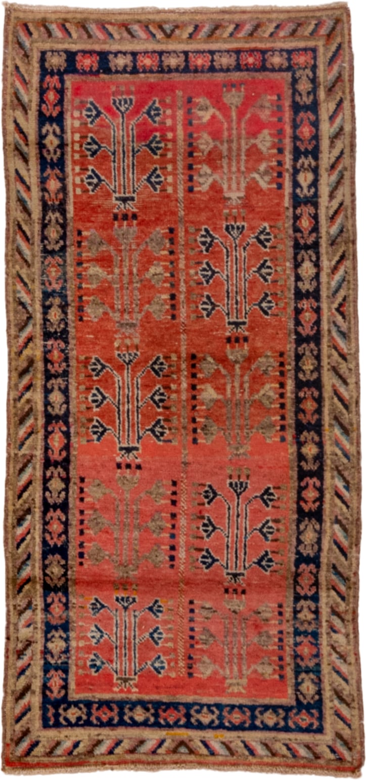 2' x 4' one-of-a-kind handmade antique Khotan small size rug. Color palette: coral, navy, camel, ivory, terra cotta, slate