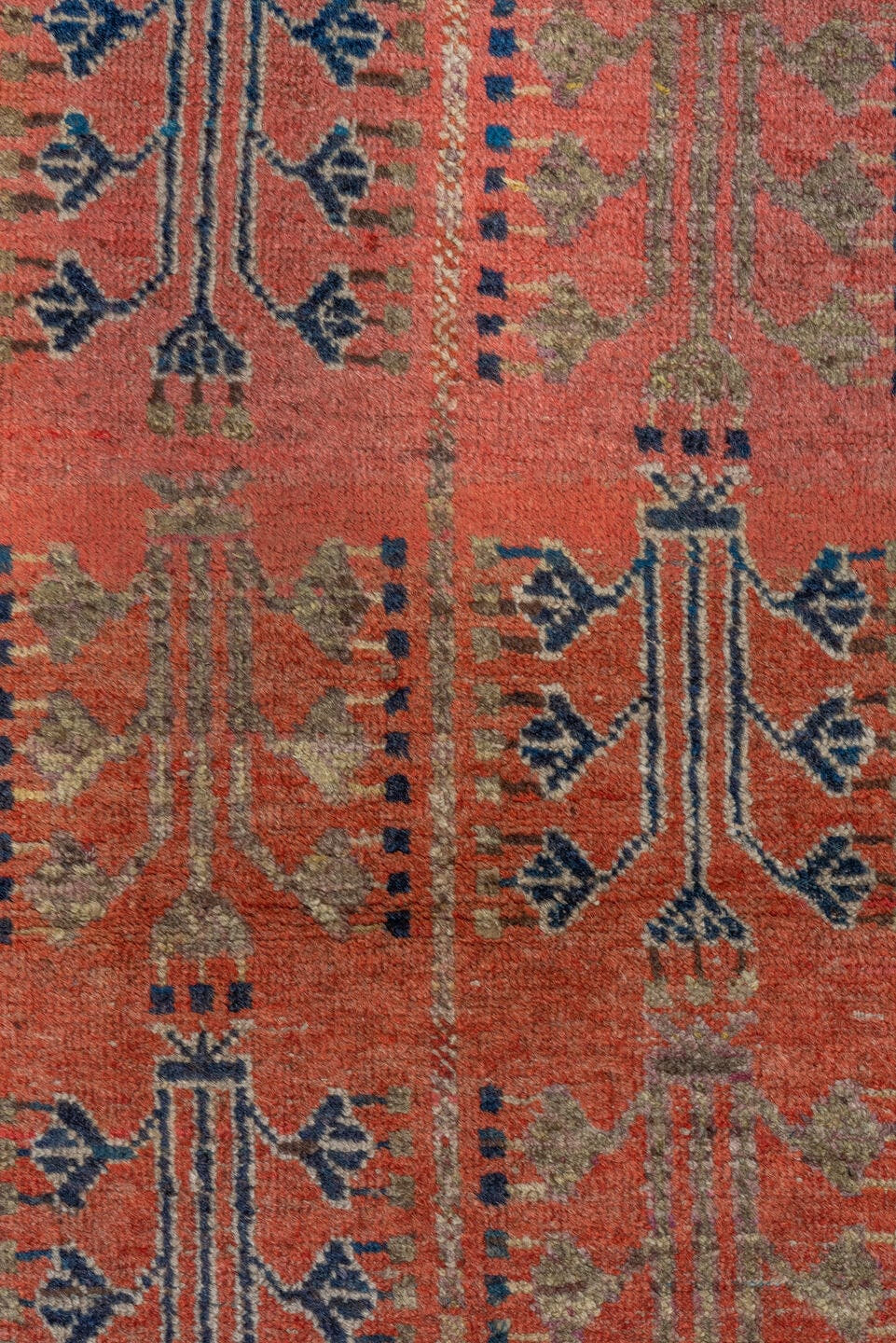 2' x 4' one-of-a-kind handmade antique Khotan small size rug. Color palette: coral, navy, camel, ivory, terra cotta, slate