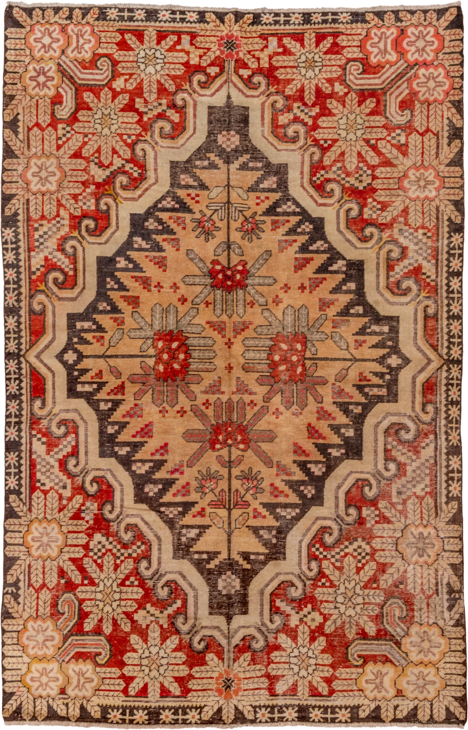 5' x 8' one-of-a-kind handmade antique Khotan medium size rug. Color palette: camel, rust, ivory, brown, terra cotta, taupe