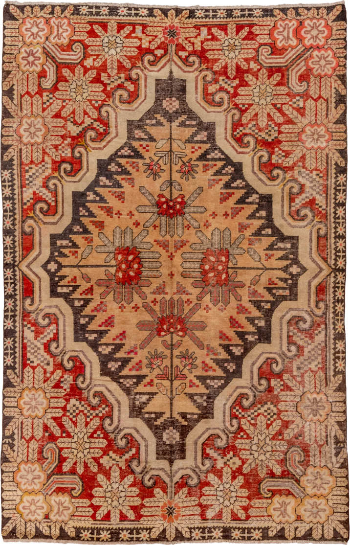 5' x 8' one-of-a-kind handmade antique Khotan medium size rug. Color palette: camel, rust, ivory, brown, terra cotta, taupe