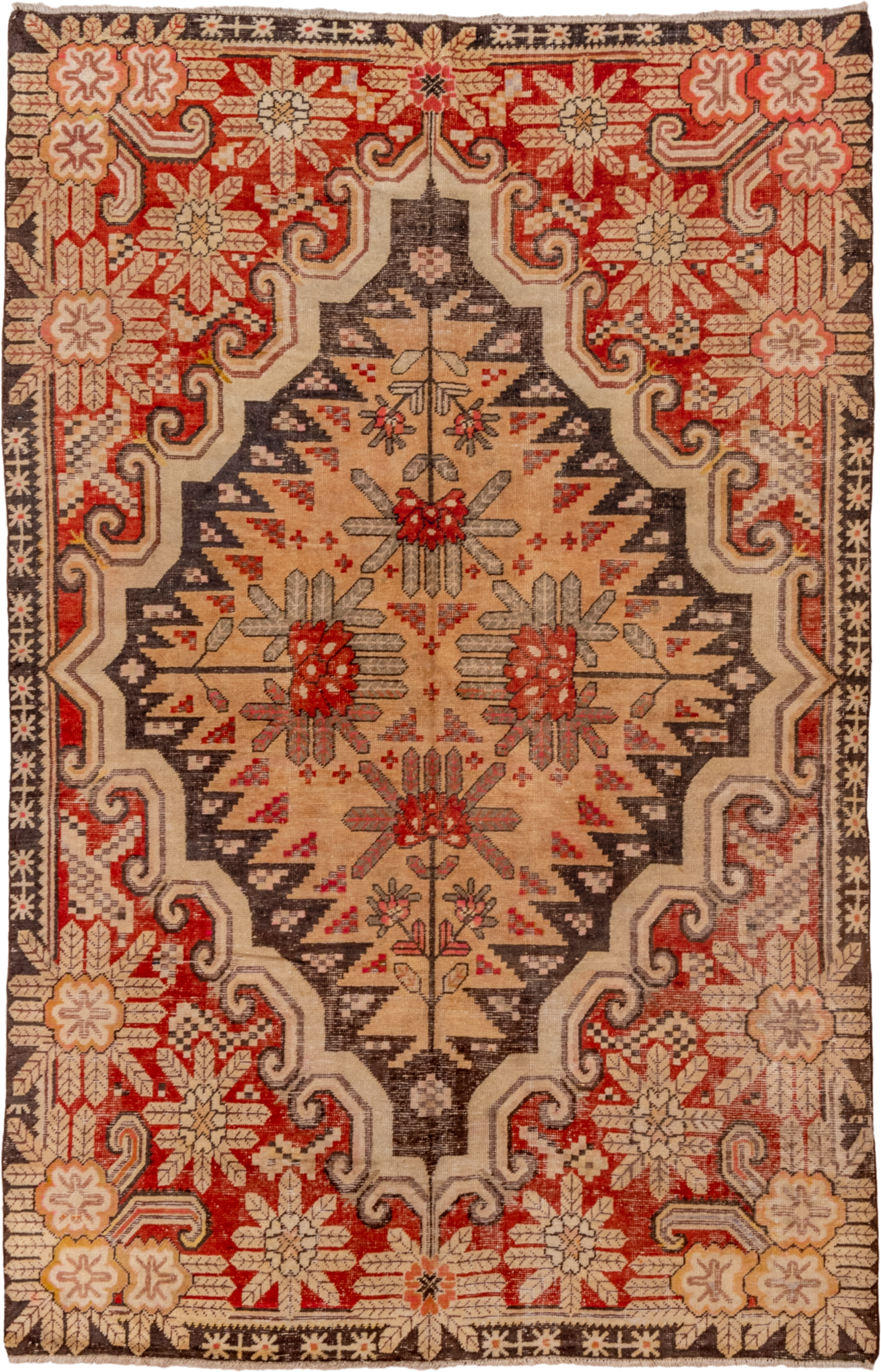 5' x 8' one-of-a-kind handmade antique Khotan medium size rug. Color palette: camel, rust, ivory, brown, terra cotta, taupe