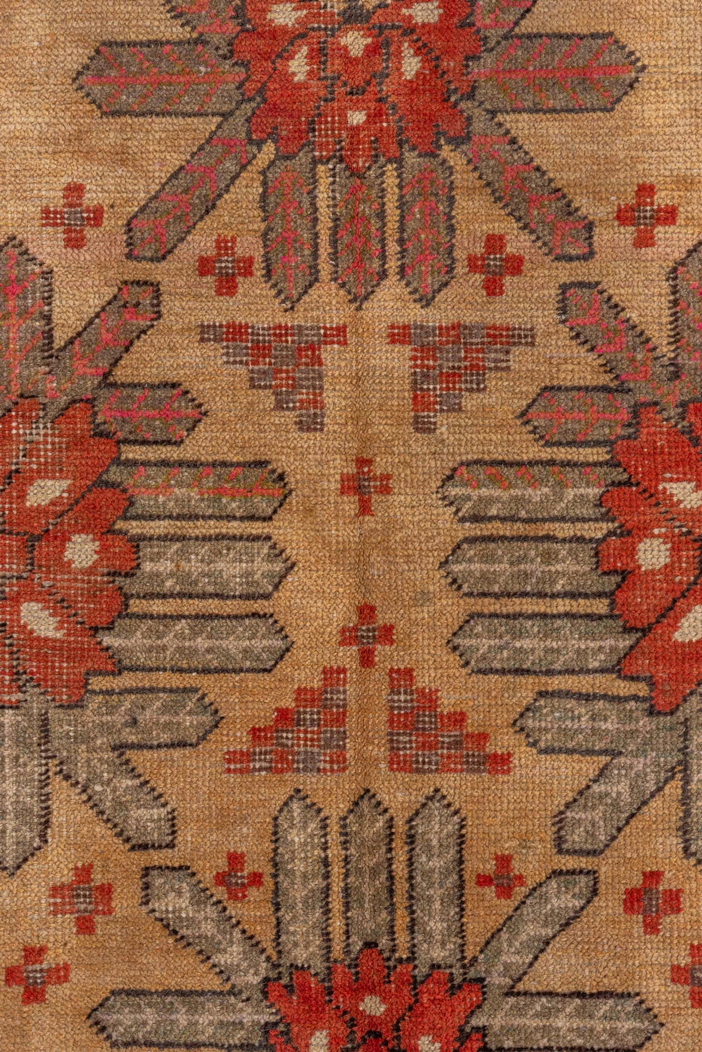5' x 8' one-of-a-kind handmade antique Khotan medium size rug. Color palette: camel, rust, ivory, brown, terra cotta, taupe