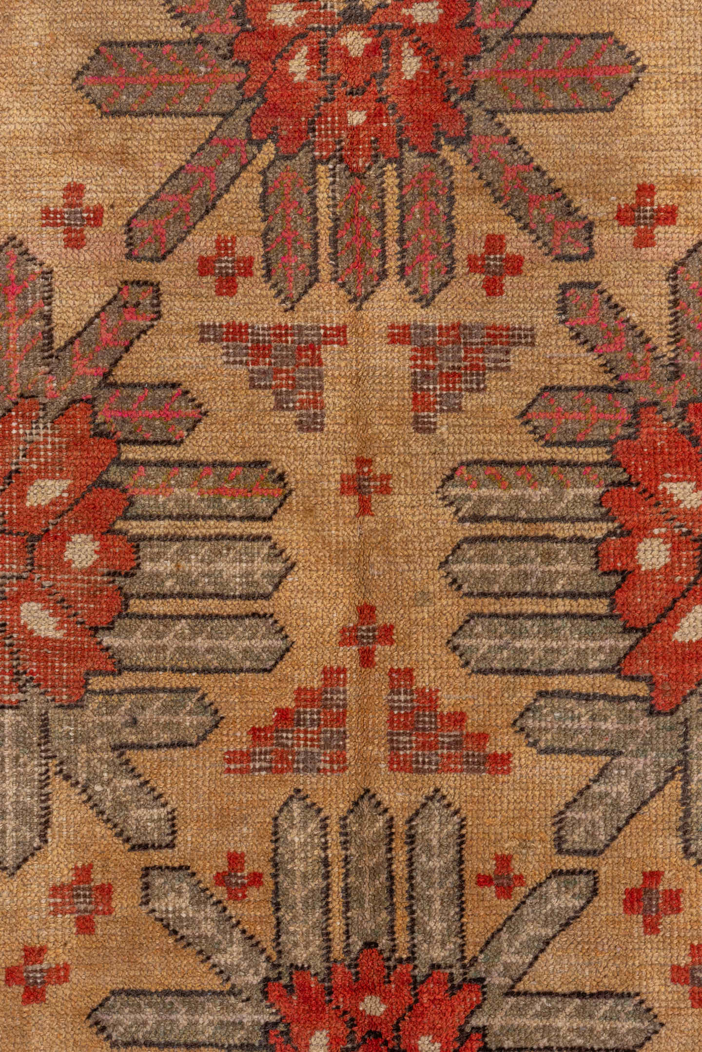 5' x 8' one-of-a-kind handmade antique Khotan medium size rug. Color palette: camel, rust, ivory, brown, terra cotta, taupe