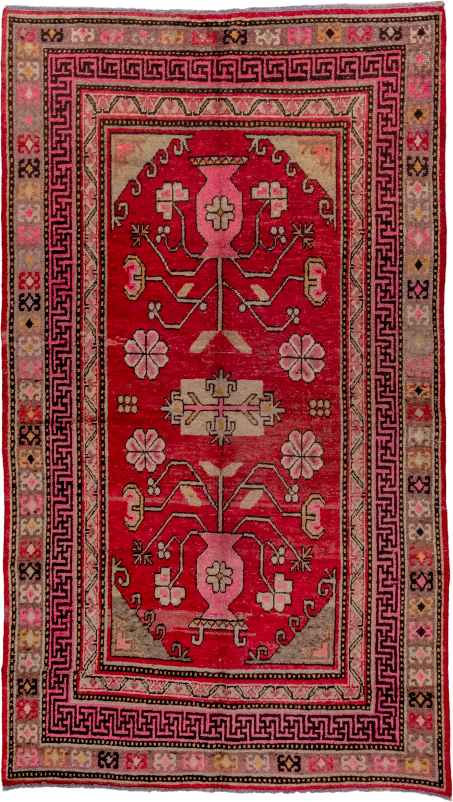 4' x 8' one-of-a-kind handmade antique Khotan rug. Color palette: raspberry, rose, taupe, ivory, charcoal, burgundy, camel