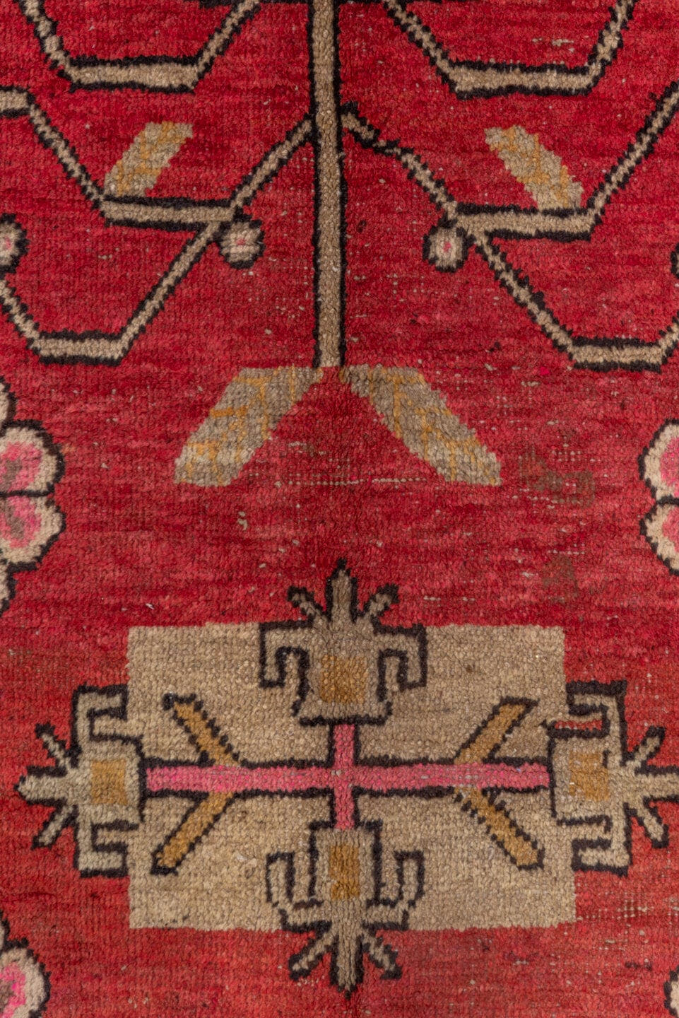 4' x 8' one-of-a-kind handmade antique Khotan rug. Color palette: raspberry, rose, taupe, ivory, charcoal, burgundy, camel