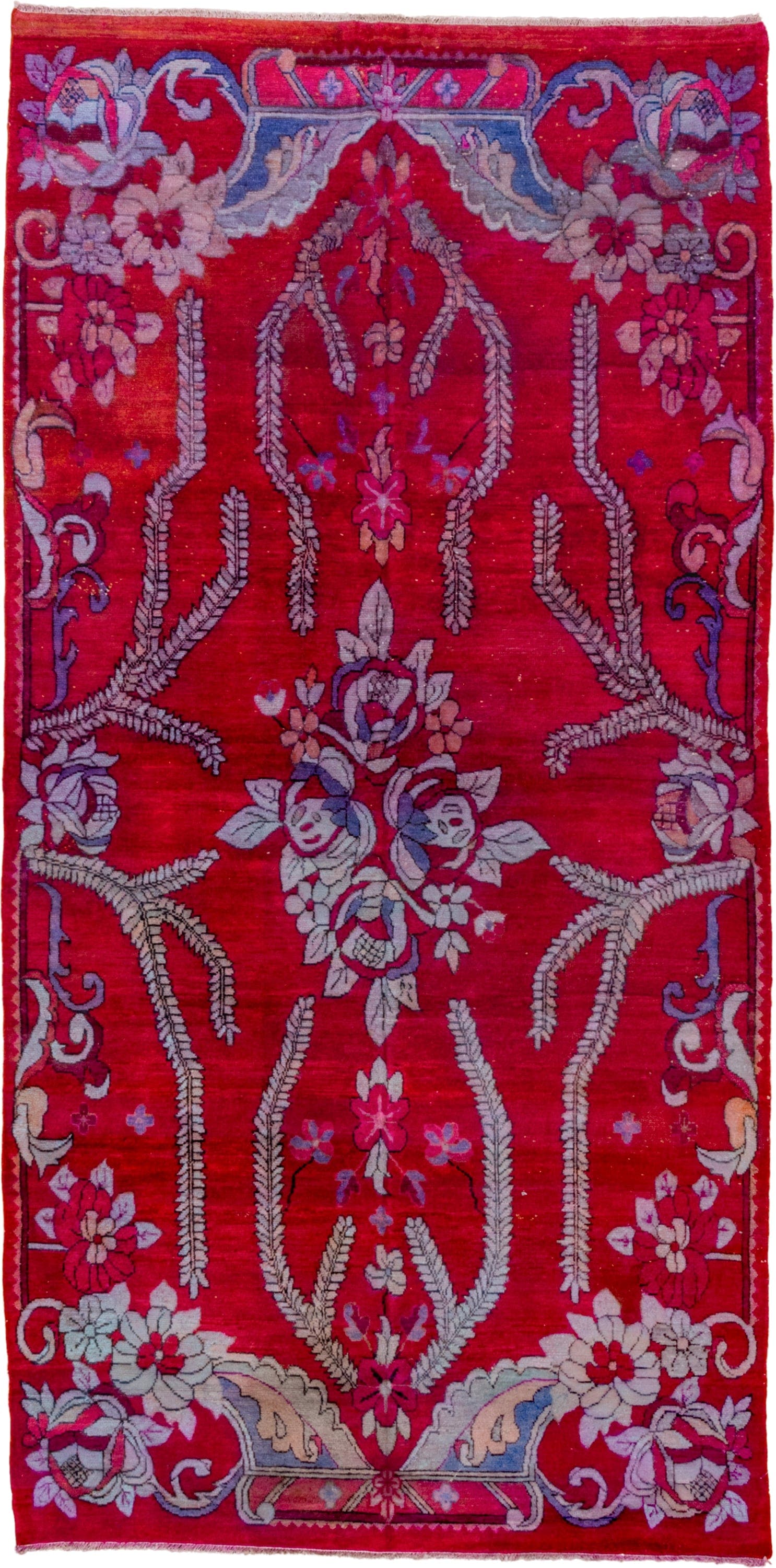 5' x 10' one-of-a-kind handmade antique Khotan medium size rug. Color palette: crimson, raspberry, ivory, lavender