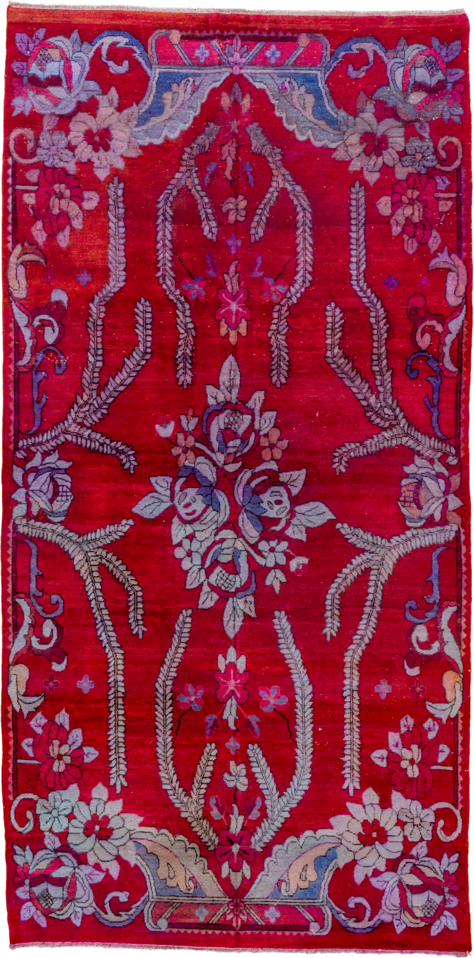 5' x 10' one-of-a-kind handmade antique Khotan medium size rug. Color palette: crimson, raspberry, ivory, lavender