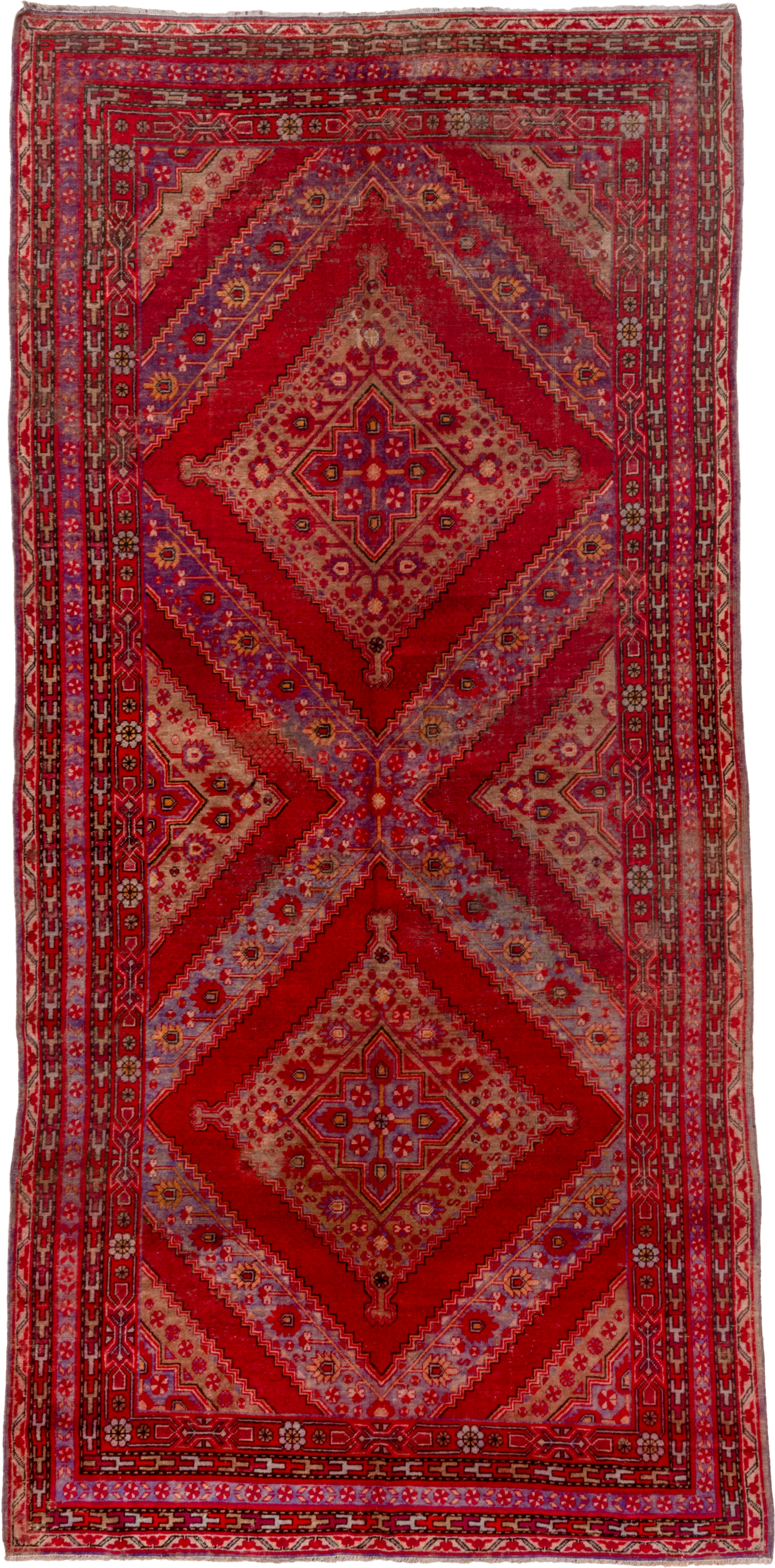 5' x 12' one-of-a-kind handmade antique Khotan rug. Color palette: red, crimson, rose, lavender, ivory, taupe, charcoal