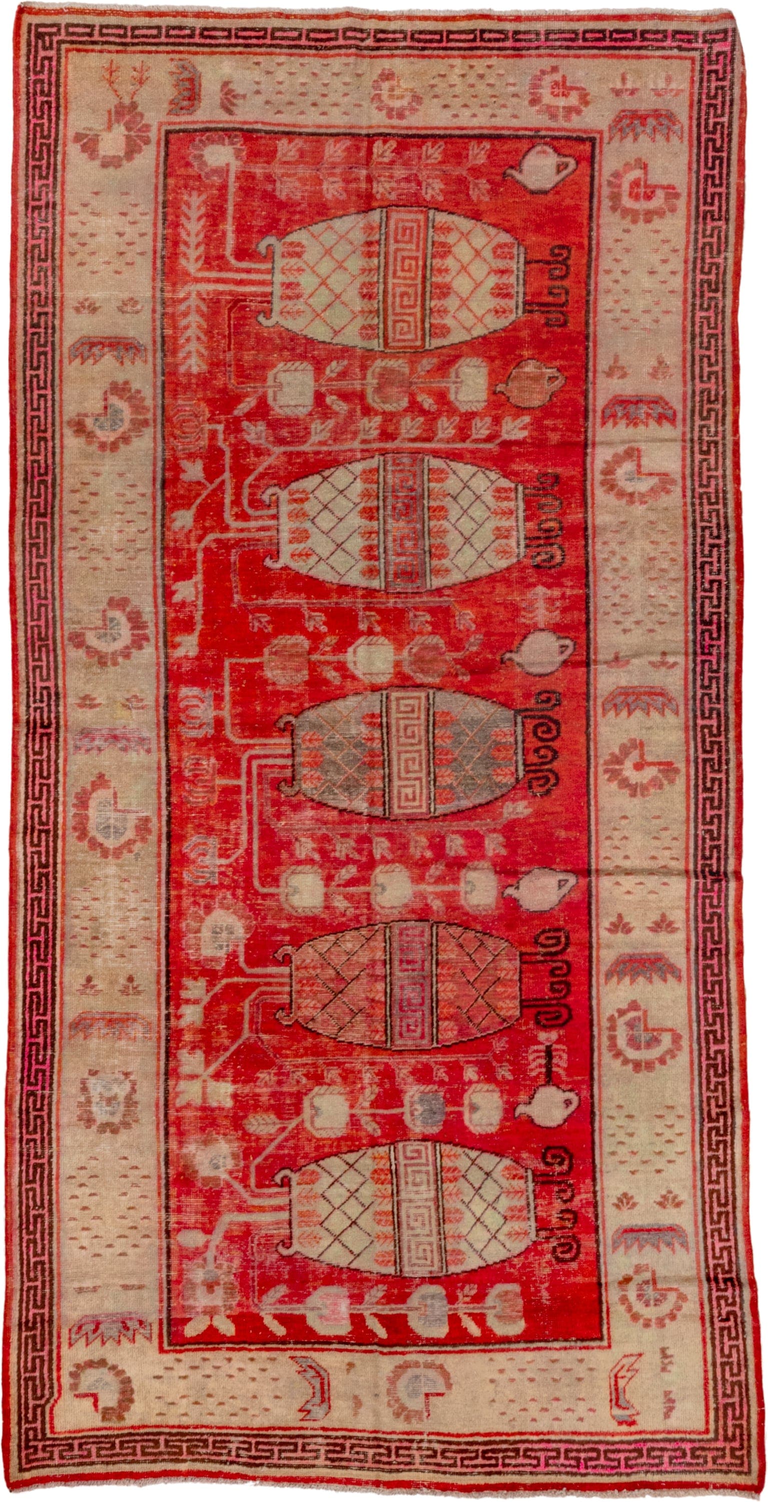 5' x 10' one-of-a-kind handmade antique Khotan runner rug. Color palette: red, ivory, coral, rose, taupe, slate, charcoal
