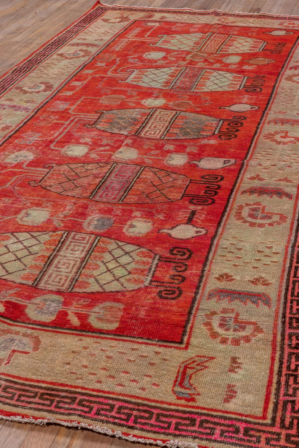 5' x 10' one-of-a-kind handmade antique Khotan runner rug. Color palette: red, ivory, coral, rose, taupe, slate, charcoal