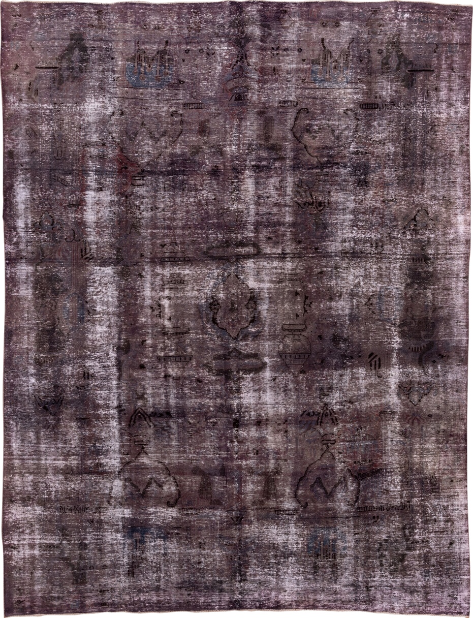 9' x 12' one-of-a-kind handmade vintage Distressed large size rug. Color palette: gray, light gray, off-white, pink