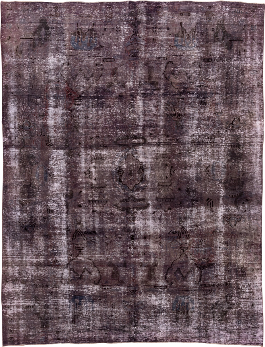 9' x 12' one-of-a-kind handmade vintage Distressed large size rug. Color palette: plum, mauve, charcoal, taupe, slate