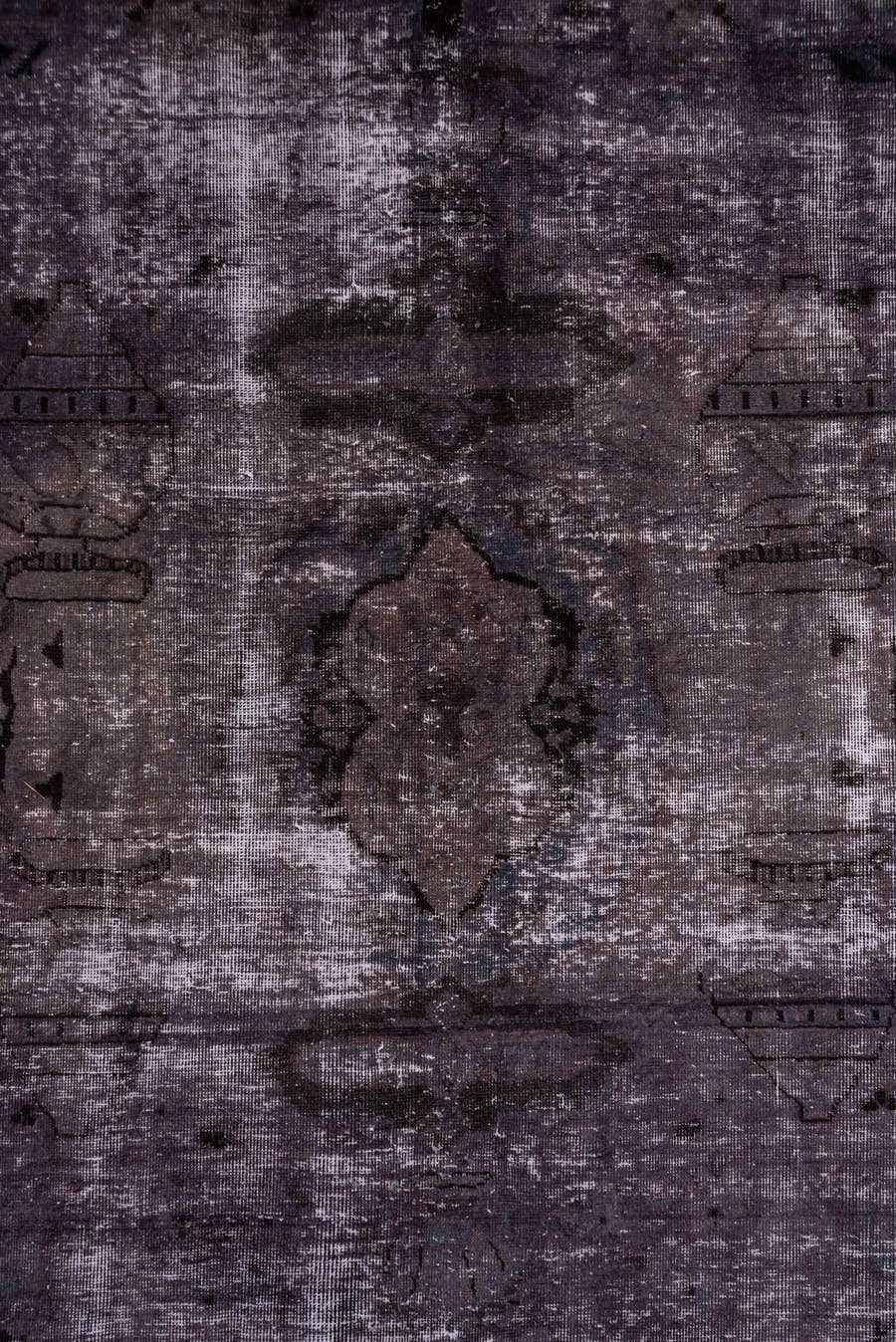 9' x 12' one-of-a-kind handmade vintage Distressed large size rug. Color palette: plum, mauve, charcoal, taupe, slate