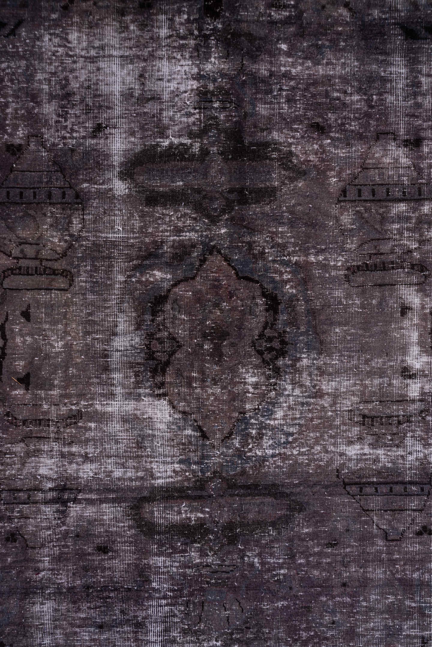 9' x 12' one-of-a-kind handmade vintage Distressed large size rug. Color palette: plum, mauve, charcoal, taupe, slate