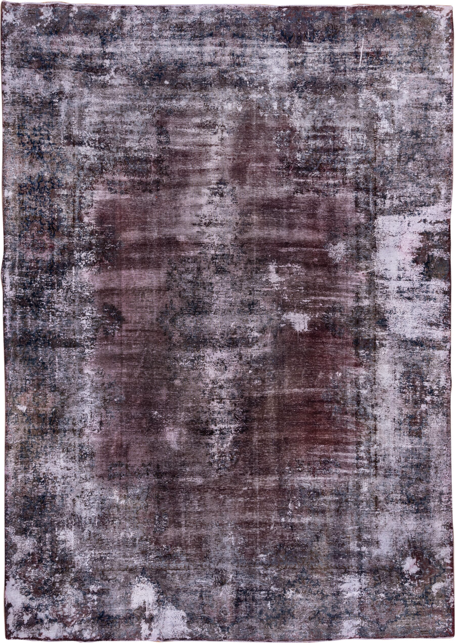 9' x 13' one-of-a-kind handmade vintage Distressed large size rug. Color palette: plum, charcoal, ivory, taupe, slate, rose