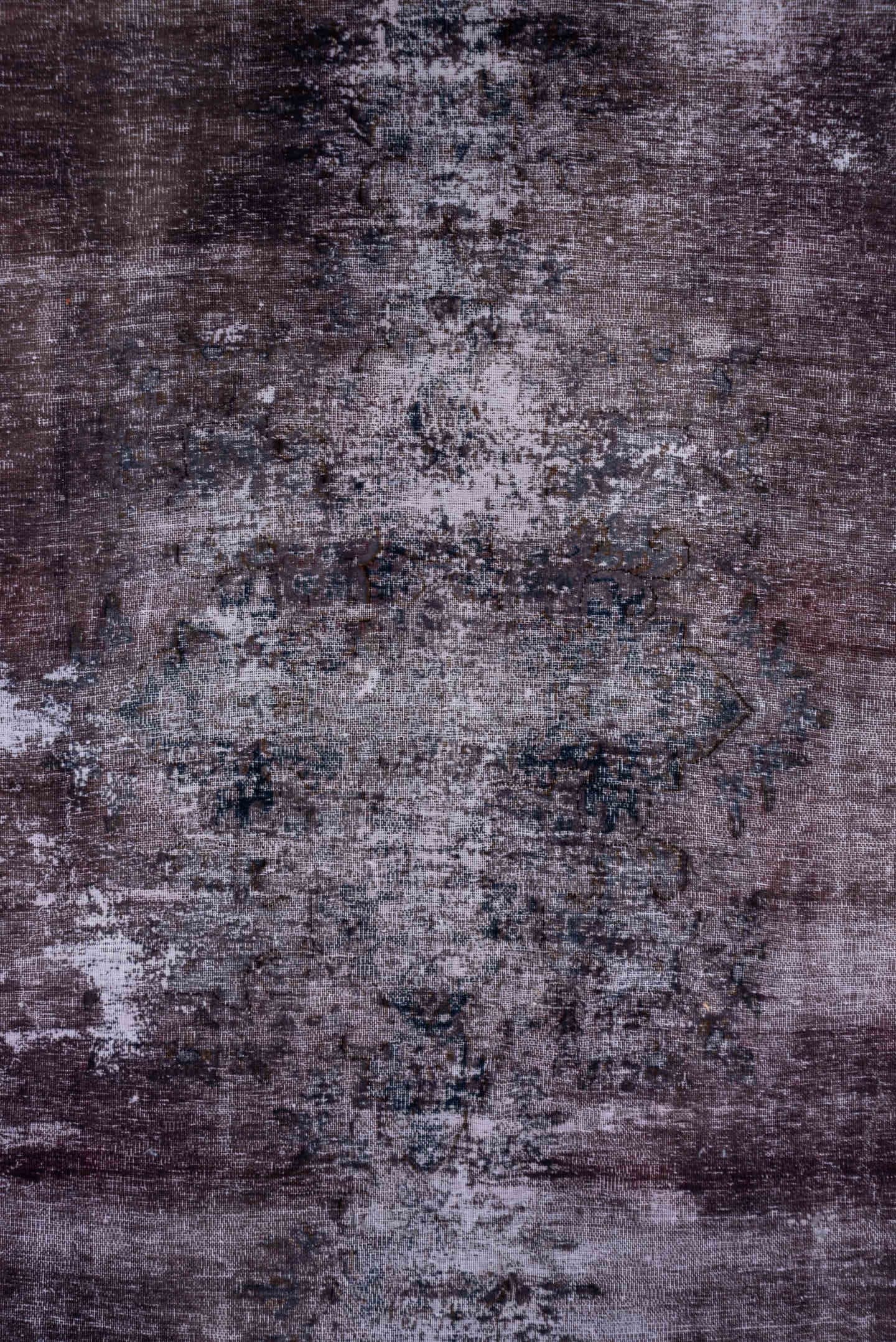 9' x 13' one-of-a-kind handmade vintage Distressed large size rug. Color palette: plum, charcoal, ivory, taupe, slate, rose